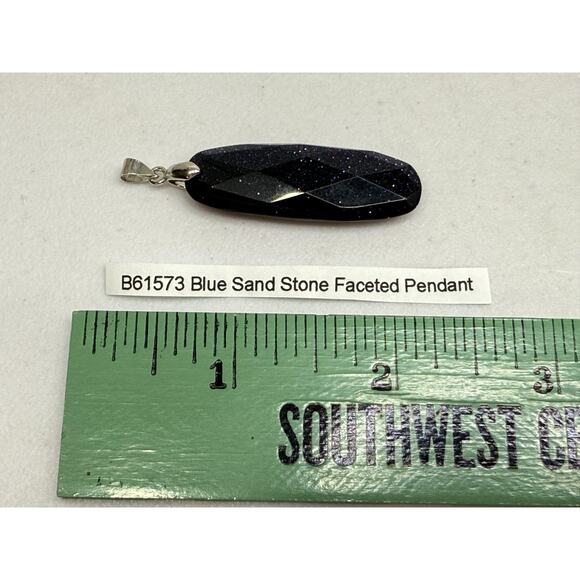 Sandstone Faceted Pendant 925 Sterling Silver Bale Oval Navy Blue Sparkling 6.8g - Picture 11 of 11